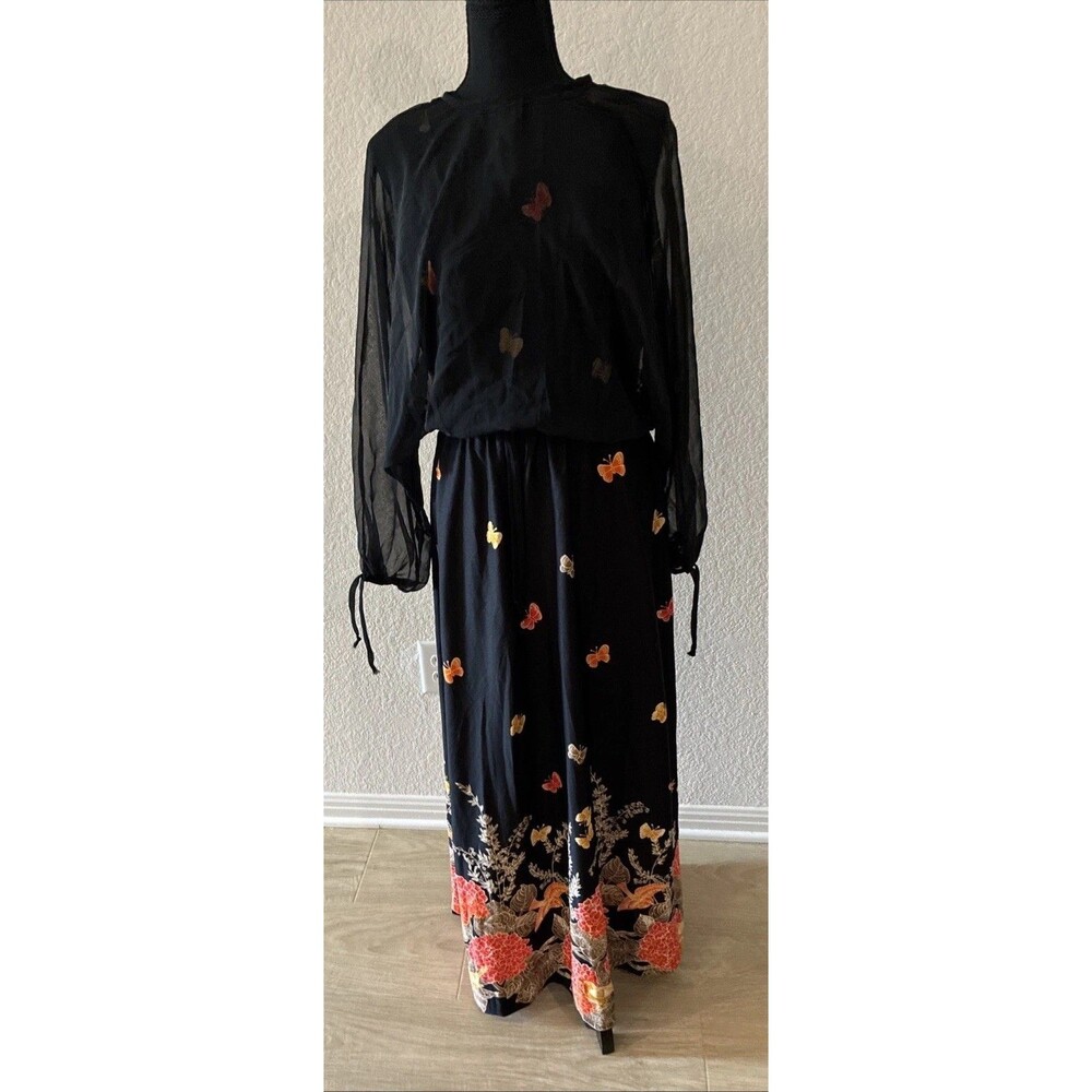 Whimsigoth Vintage Butterfly Floral Maxi Dress Black Sheer Long Sleeve Boho 16